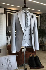 Light Gray Three Piece Peaked Lapel Business Suit