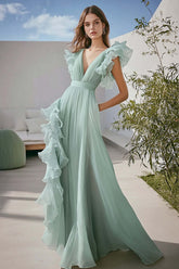 Light Green Formal Dress Chiffon A Line V-Neck Ruffled Long Wedding Guest Dress