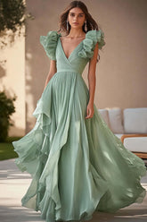 Light Green Formal Dress Chiffon Ruffed V Neck A Line Pleated Long Wedding Guest Dress
