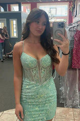 Light Green Homecoming Dresses Corset Tight Short Cocktail Dresses with Beadings