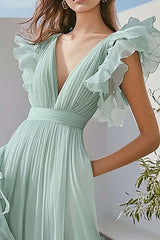 Light Green Prom Dress Chiffon A Line V-Neck Ruffled Long Formal Dress