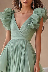 Light Green Prom Dress Chiffon Ruffed V Neck A Line Pleated Long Formal Dress