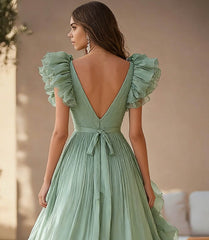 Light Green Formal Dress Chiffon Ruffed V Neck A Line Pleated Long Wedding Guest Dress