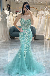 Light Green Prom Dress Mermaid Backless Long Corset Evening Dress With Appliques