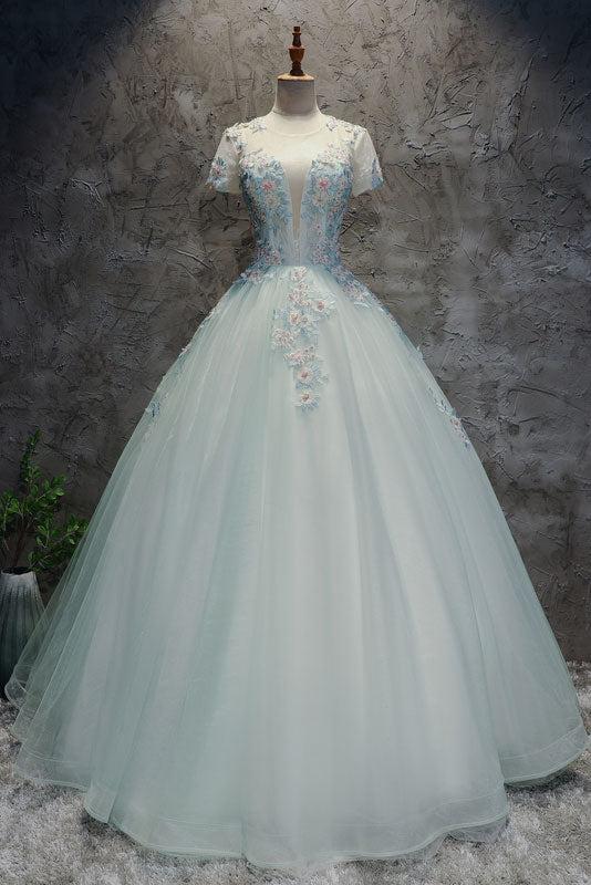 Light Green Prom Dress Tulle Lace Long Sweet 16 Dress Evening Dress