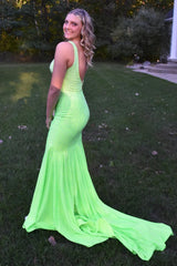 Light Green Prom Dress V neck Sequins Mermaid Evening Dress