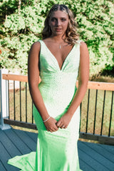 Light Green Prom Dress V neck Sequins Mermaid Evening Dress