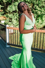 Light Green Prom Dress V neck Sequins Mermaid Evening Dress