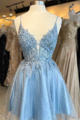 Light Homecoming Dress Blue Floral Lace Plunge Neck A Line Short Party Cocktail Dress