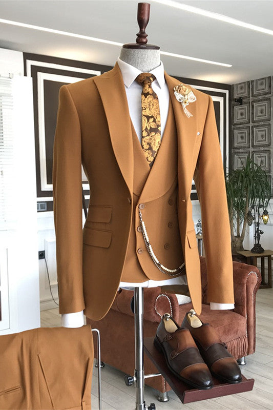 Light Khaki Three Piece Peaked Lapel Prom Suit