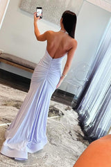 Light Lilac Prom Dress Halter Satin Mermaid Long with Exquisite Beading Evening Dress