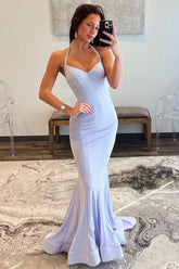 Light Lilac Prom Dress Halter Satin Mermaid Long with Exquisite Beading Evening Dress