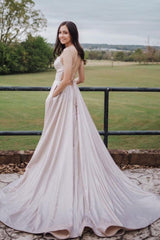 Light Pink Prom Dress A Line Satin Long Evening Dress