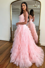 Light Pink Prom Dress A Line Tiered Spaghetti Straps Tulle Evening Dress