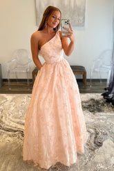 Light Pink Prom Dress One Shoulder Appliques Evening Dress with Pockets