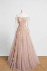 Light Pink Prom Dress Tulle Sequin Long Formal Dress Evening Dress
