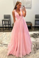Light Pink Prom Dress V Neck Backless Tulle Long Evening Dress