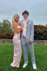 Dressystars Light Pink Satin Spaghetti Strap Ruched Bust Prom Dress With High Leg Slit Formal Evening Gown