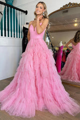 Light Pink Prom Dress A Line Tiered Spaghetti Straps Tulle Evening Dress