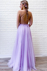 Light Purple Prom Dress Tulle Evening Dress with Lace