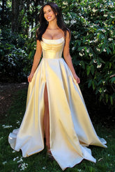 Light Yellow Strapless Satin Prom Dress With Beaded Sweetheart Neckline And High Slit Formal Evening Gown