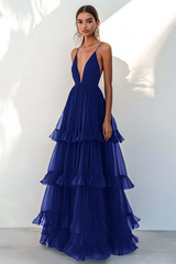 Navy Formal Dress Tulle Spaghetti Straps Tiered A Line Long Wedding Guest Dress