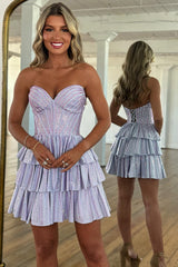Lilac A Line Homecoming Dresses Corset Strapless Tiered Short Cocktail Dresses