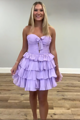 Lilac A Line Homecoming Dresses Tulle Sweetheart Tiered Cocktail Dresses