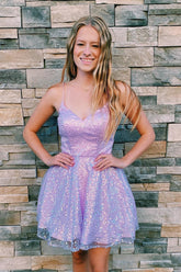 Lilac Homecoming Dress A Line Sequin Straps V Neck Short Party Cocktail Dress