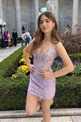 Lilac Homecoming Dress Sequin Style Lace V neck Short Party Cocktail Dress