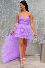 Lilac Homecoming Dress Tulle Strapless High Low with ruffle edgeShort Party Cocktail Dress