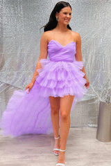 Lilac Homecoming Dress Tulle Strapless High Low with ruffle edgeShort Party Cocktail Dress