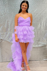 Lilac Homecoming Dress Tulle Strapless High Low with ruffle edgeShort Party Cocktail Dress