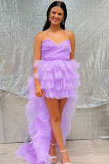 Lilac Homecoming Dress Tulle Strapless High Low with ruffle edgeShort Party Cocktail Dress