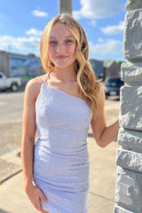 Lilac Homecoming Dresses Beaded One Shoulder Sequin Tight Cocktail Dresses