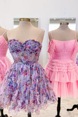 Lilac Homecoming Dresses Corset Sweetheart Floral A-Line Short Cocktail Dresses with Ruffles