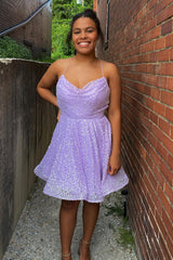Lilac Homecoming Dresses Sequin Cocktail Dresses with Criss Cross Back