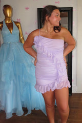 Lilac One Shoulder Tight Homecoming Dresses Short Cocktail Dresses With Ruffles