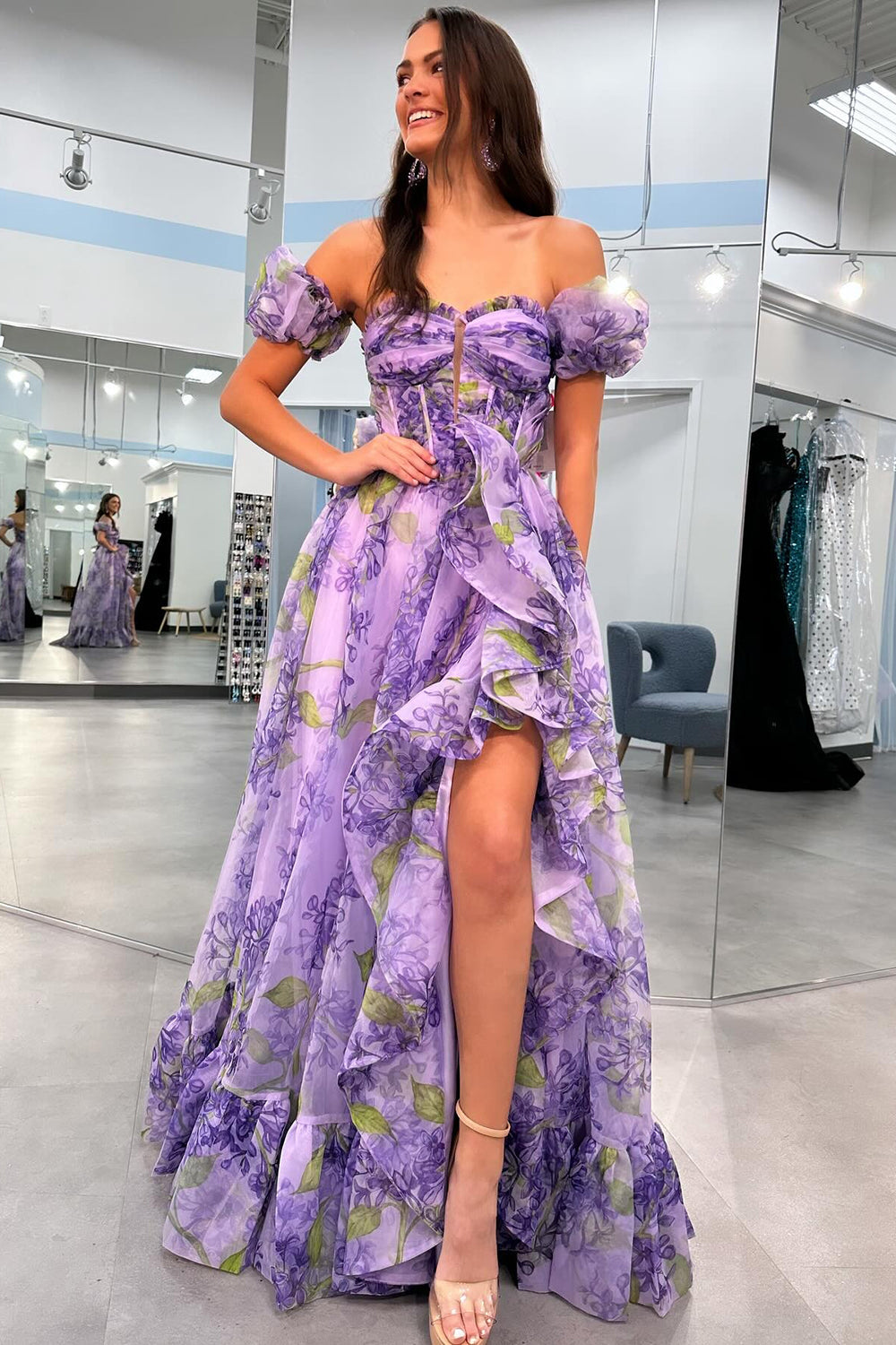 Lilac Prom Dress A Line Corset Detachable Sweetheart Floral Long Evening Dress with Ruffles