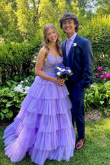 Lilac Prom Dress A Line Corset Long Tulle Ruffled Evening Dress with Lace