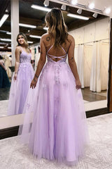Lilac Prom Dress A Line Spaghetti Straps Lace Long Evening Dress with Slit