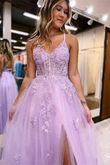 Lilac Prom Dress A Line Spaghetti Straps Lace Long Evening Dress with Slit