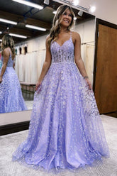 Lilac Prom Dress A Line Spaghetti Straps Long Evening Dress with Appliques