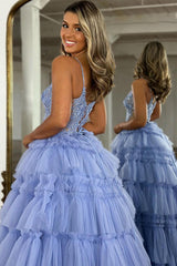 Lilac Prom Dress Corset Beaded Long Tiered Evening Dress with Slit
