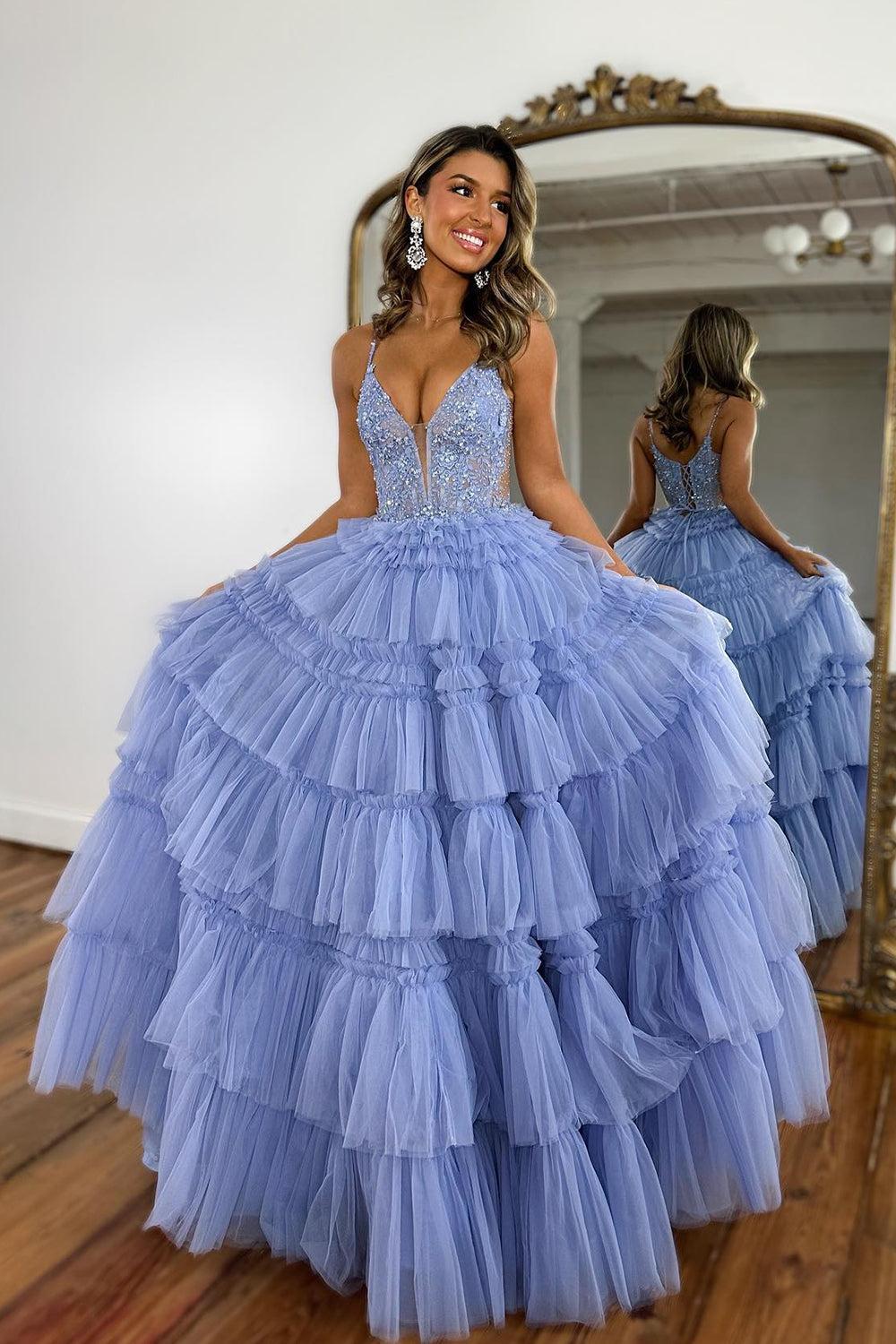 Lilac Prom Dress Corset Beaded Long Tiered Evening Dress with Slit
