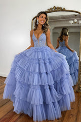Lilac Prom Dress Corset Beaded Long Tiered Evening Dress with Slit