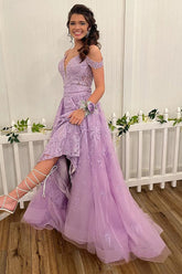 Lilac Prom Dress High Low Spaghetti Straps Lace Evening Dress