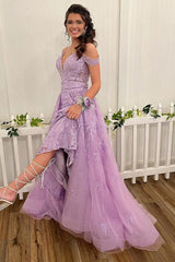 Lilac Prom Dress High Low Spaghetti Straps Lace Evening Dress