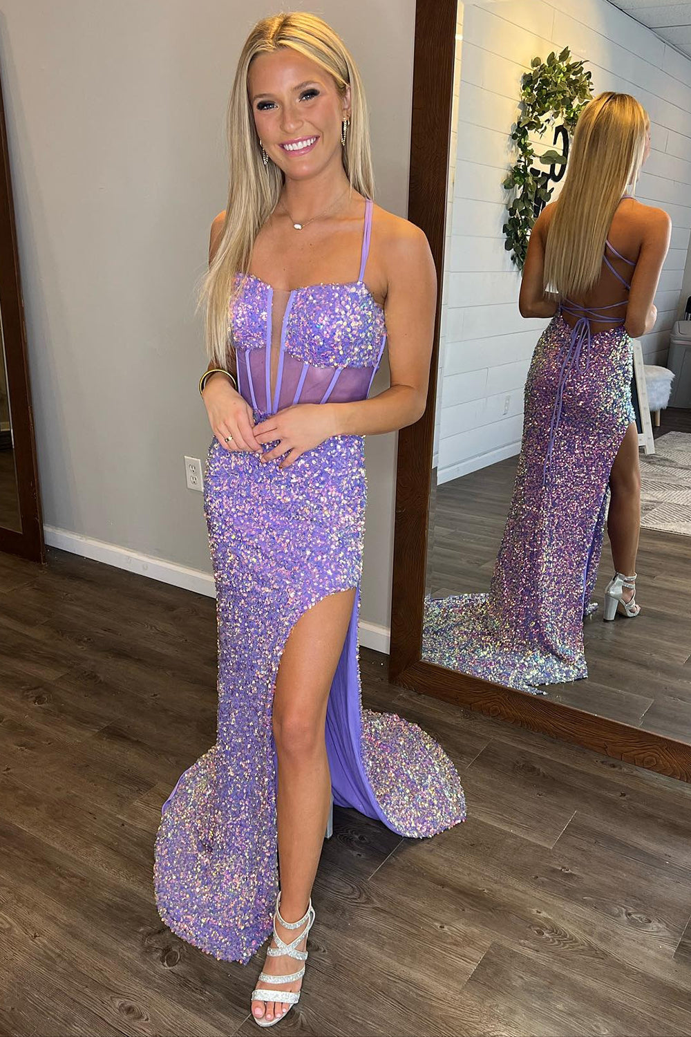 Lilac Prom Dress Mermaid Long Corset Sequined Evening Dress With Slit