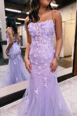 Lilac Prom Dress Mermaid Scoop Neck with Appliques Evening Dress